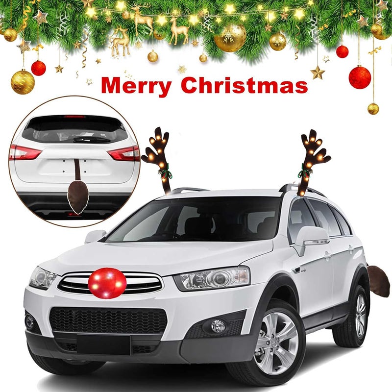 GlACBIUG Christmas Car Reindeer Antlers & Nose Tail Kit with Jingle Bells, 2025 Cute Rudolph Car Costume for SUV, Van, Truck - Warm Lights Auto Holiday Decor - Image 5